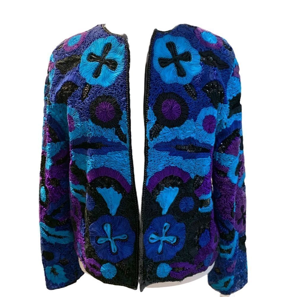 Vtg Rear Life & Style fashions Inc. 100% Pure Silk Ribbon Beaded Sequin Jacket M - Picture 1 of 13